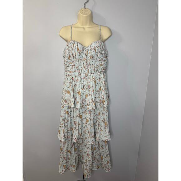 Lulus Cascading Crush Blue Floral Print Tiered Bustier Midi Dress Romantic Sz L - Picture 2 of 14